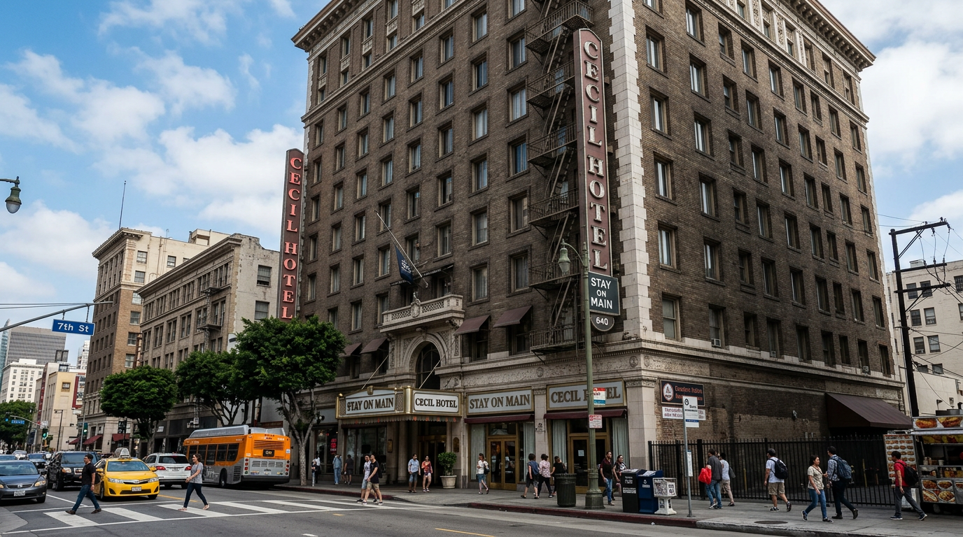 Facade of the Cecil Hotel with pedestrians crossing street and vehicles on road