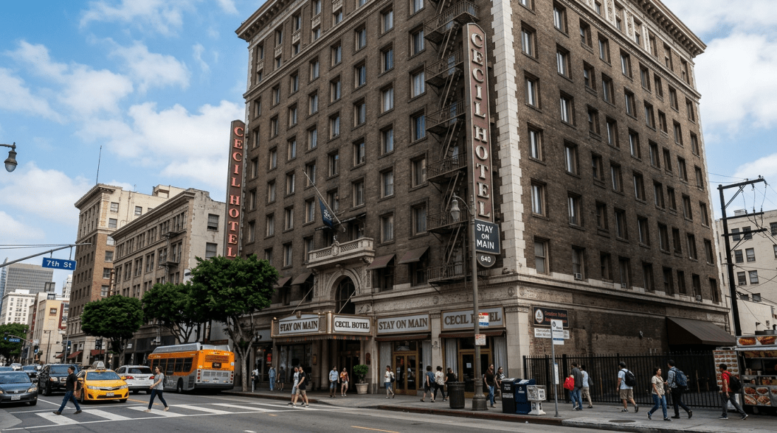 Facade of the Cecil Hotel with pedestrians crossing street and vehicles on road